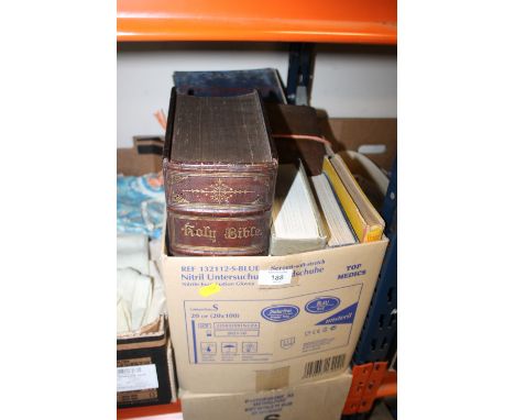 A BOX OF VINTAGE BOOKS TO INCLUDE A LARGE LEATHER BOUND BIBLE