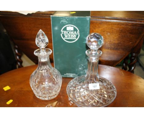 A BOXED THOMAS WEBB CRYSTAL VASE TOGETHER WITH A SHIPS DECANTER & ANOTHER (3)