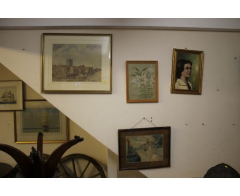 A SIGNED VINTAGE WATERCOLOUR OF A CHURCH TOGETHER WITH A PORTRAIT OIL SIGNED T.A.PEGG, AND TWO OTHER WATERCOLOURS (4)