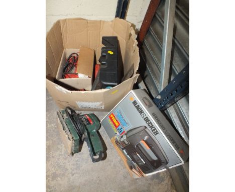 A BOX OF TOOLS TO INCLUDE A BOSCH  SANDER, BLACK AND DECKER ELECTRIC JIGSAW ETC