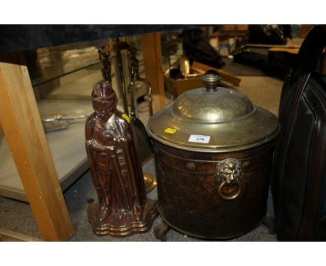 A VINTAGE BRASS AND COPPER COAL BUCKET TOGETHER WITH TWO COMPANION SETS