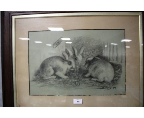 A FRAMED AND GLAZED PENCIL SKETCH OF RABBITS SIGNED W. KAY 1909