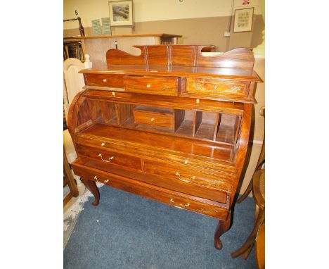 A HARDWOOD & BRASS INLAID CYLINDER BUREAU ON CABRIOLE LEGSCondition Report:H-125 cm  W-108 cm  D-52 cm Some water marks but n