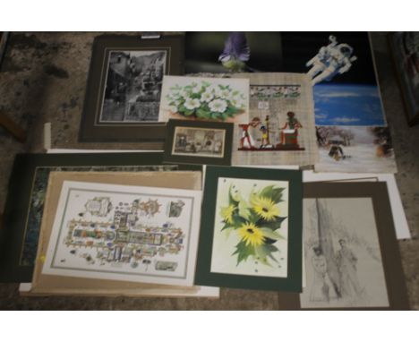 A COLLECTION OF ASSORTED LOOSE PICTURES AND PRINTS TO INCLUDE A PENCIL SKETCH, WATERCOLOUR ETC