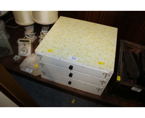 A VINTAGE J.P. COATES THREE DRAW SEWING BOX AND CONTENTS