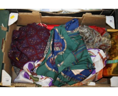 A TRAY OF VINTAGE SILK SCARVES, PARASOL ETC. 