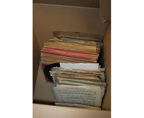 A LARGE BOX CONTAINING VINTAGE RECORDS AND SHEET MUSIC