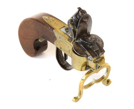 An Early 19th Century Flintlock Tinder Lighter by P.Bond, No.15 Cornhill, London, with brass scroll front supports, frizzen p