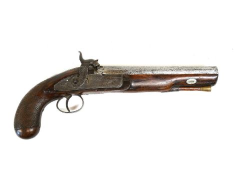 A 19th Century Percussion Overcoat Pistol by Clark, Holborn, London, 10 bore, the 21cm octagonal steel barrel with platinum l