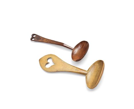 A fine Welsh late 18th century love spoon, together with anotherThe handle carved with the name E. Lewis, with pierced heart 