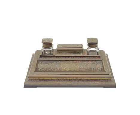 A 19th century French boulle desk standOf rectangular form, fitted with two ink bottles and central compartment with hinged c