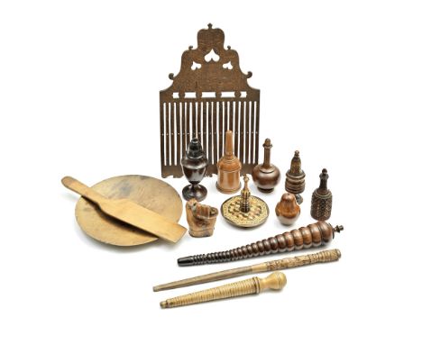 A mixed collection of treenTo include pounce and pepper pots, snuff box, fid, etc., the largest: 32.5cm (13 1/2in) long  (15)