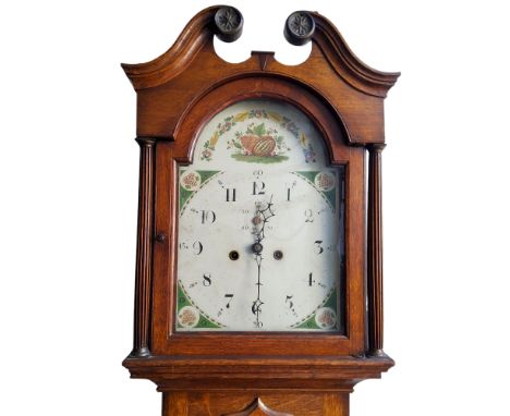 A George III oak longcase, the swan neck pediment hood enclosing a painted enamel dial with subsidiary secondary dial and twi