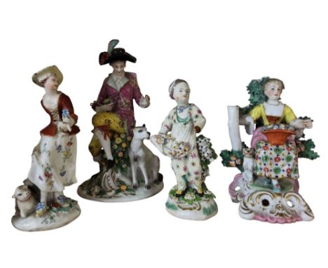A Derby Patch Mark figure, of a Shepherdess, s wearing a broad brimmed hat, a sheep at her feet, 15cm high, c.1770;&nbsp; &nb