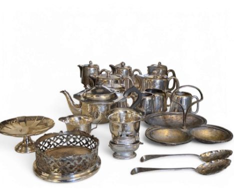 Plated Ware -&nbsp; three piece hammered tea service, c.1910; a Victorian E.P.N.S. bottle coaters, pierced&nbsp; gallery, lea