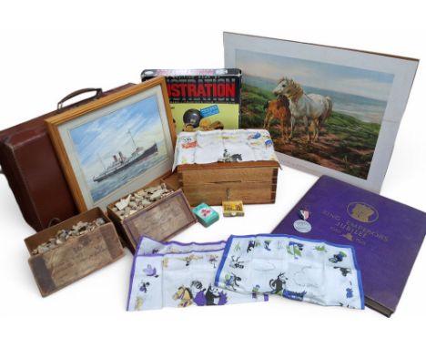 Boxes and objects - a child's briefcase; a silk 1937 Coronation Commonwealth handkerchief; two comical 1930's Felix the Cat h