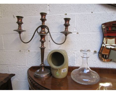 Ships glass decanter, candelabra and stoneware salt cellar
