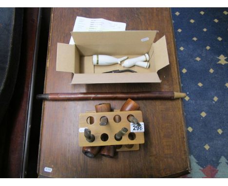 4 old pipes in rack & 1930's Goss china pipe