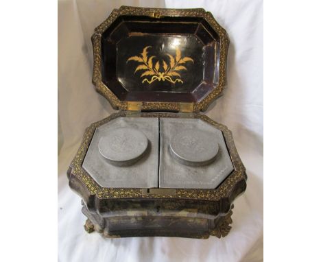 Early 19C Oriental lacquered tea caddy with containers