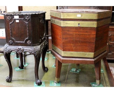 A Brass-Bound Mahogany Cellaret, of hexagonal form, on three legs and moving on castors, 49cm by 62cm and A 19th Century Carv