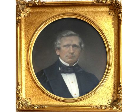 British School (19th century)Portrait of a Gentleman bust length in a dark suit and tie Pastel, 49cm diameter (Oval)