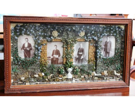 A Late Victorian Memorial Diorama, well modelled with a facade of four stonework arches festooned with climbing roses and cle