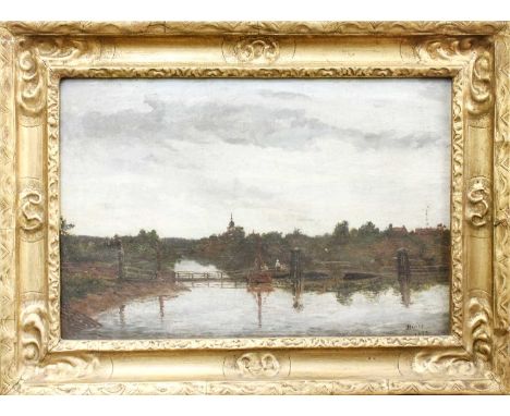 J* H* Davies (19th Century)Figures on a bridge with church spire in the distance, Signed and dated 1873, oil on canvas, toget