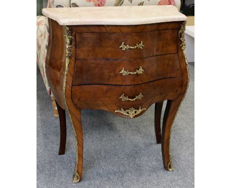 A French Burr Walnut Marble Top Kingwood Commode, 20th century of bombe form with gilt metal mounts and raised on square scro