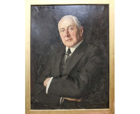 British School (20th century)Portrait of a gentleman, half length, wearing a dark suit and tie with pearl tie pin Oil on canv