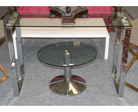 A Chromed Italian and Glass Top Circular Table, 60cm dia. by 41cm; together with a Glass Top Console Table, with chrome squar