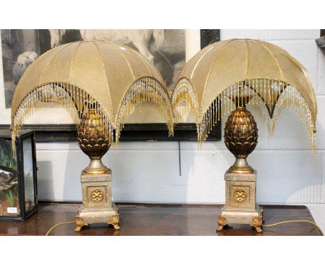 A Pair of Modern Pineapple Form Table Lamps, with shades, overall height 70cm (a/f)Weight per lamp approximately 2kg. The bas