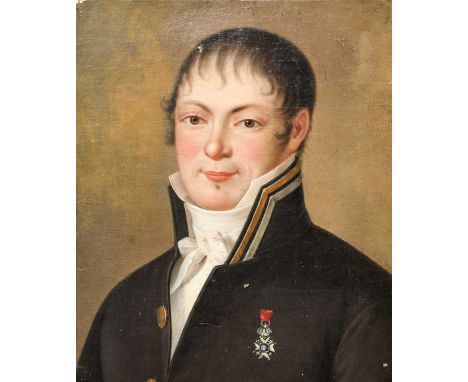 French School (19th Century)Portrait of a gentleman, bust length, wearing a high collar, neck tie and medal Oil on canvas, to