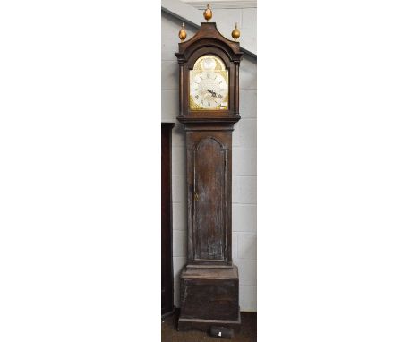 A Painted Pine Thirty-Hour Longcase Clock, the 11" arch brass dial with later added silvered disc, bearing an inscription Wra