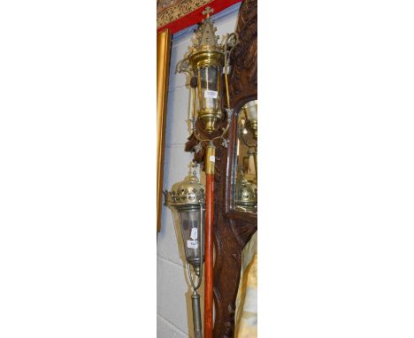 A Processional Acolyte Hinged Lantern, with leaf an scrolled supports, together with Another, A Modern Machine Tapestry, with