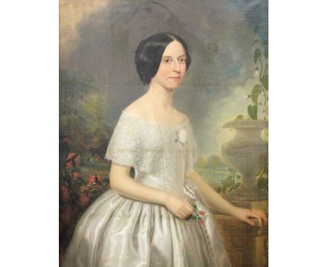 British School (19th Century)Portrait of a lady, three quarter length, wearing a white dress standing before a formal gardenO