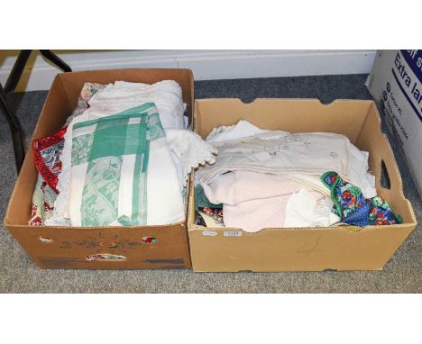 Assorted Linen, Textiles and Other Items, comprising an unfinished hexagonal patchwork, white linen bed cover, printed and wo