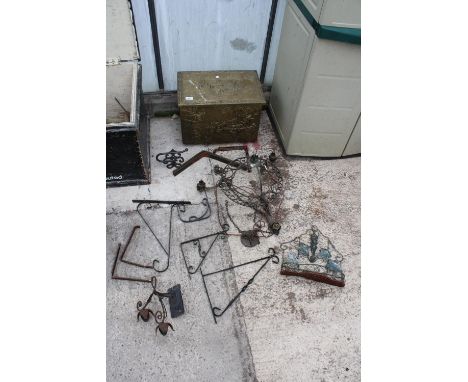 AN ASSORTMENT OF ITEMS TO INCLUDE A BRASS LOG BOX, LIGHT FITTINGS AND HANGING BASKET BRACKETS ETC 