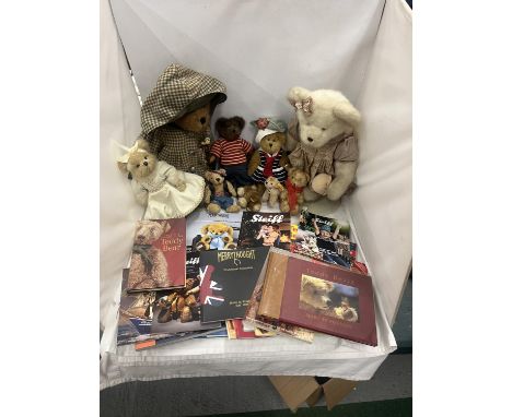 AN ASSORTMENT OF TEDDY BEARS TO INCLUDE A SMALL STEIFF DOG, BOYDS BEARS AND A COLLECTION OF BEAR COLLECTORS BOOKS ETC 