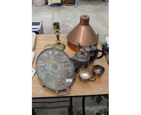 AN ASSORTMENT OF METALWARE ITEMS TO INCLUDE A SILVER PLATE TEA SERVICE, A BRASS CANDLE HOLDER AND A COPPER FUNNEL ETC 