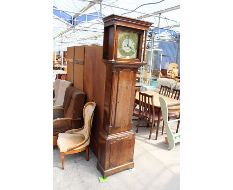 AN 18TH CENTURY OAK LONGCASE CLOCK BY HADWEN OF LIVERPOOL WITH SQUARE BRASS DIAL, LACKING PENDULUM AND WEIGHT 