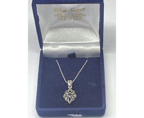 A SILVER NECKLACE WITH MARCASITE PENDANT IN A PRESENTATION BOX 
