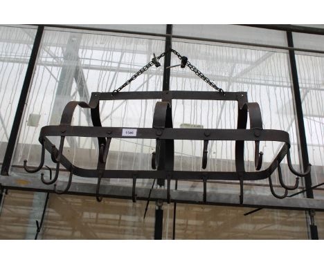 A VINTAGE STYLE STEEL CEILING SUSPENDED PAN/UTENSIL RACK 