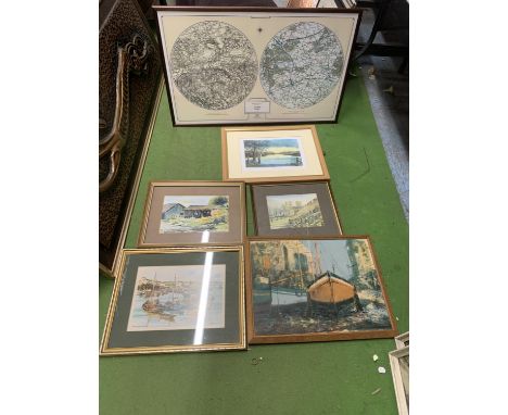 SIX PRINTS AND WATERCOLOURS TO INCLUDE AN ORDNANCE SURVEY MAP CENTRED ON LYMM, BOATS, A CASTLE, ETC 