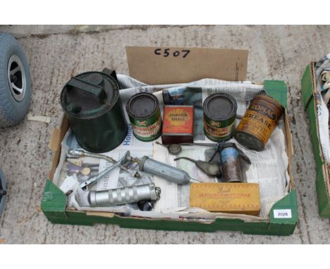 AN ASSORTMENT OF VINTAGE OIL CANS AND GREASE GUNS ETC 