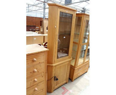 A MODERN LIGHT OAK GLAZED CORNER CUPBOARD, 36" WIDE 