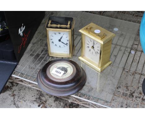 TWO MANTLE CLOCKS AND A BAROMETER 
