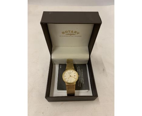 A VINTAGE ROTARY WRISTWATCH WITH YELLOW METAL STRAP, BOXED 
