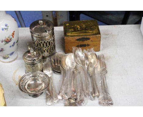 A QUANTITY OF SILVER PLATE TO INCLUDE FLATWARE, A BOM BOM DISH, PLUS A VINTAGE WOODEN BOX ETC 