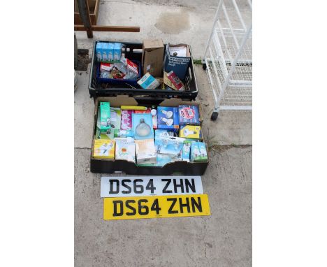 AN ASSORTMENT OF HARDWARE TO INCLUDE LIGHT BULBS, NAILS AND NUMBER PLATES ETC 