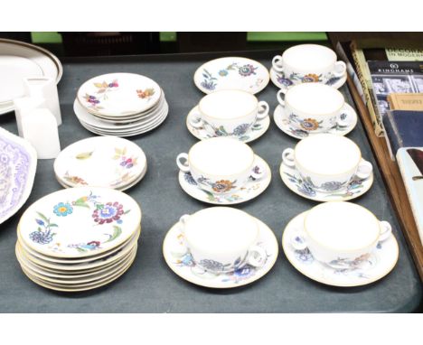 A QUANTITY OF ROYAL WORCESTER 'PALMYRA', SOUP COUPES AND SAUCERS, PLUS 'EVESHAM', SAUCERS AND SIDE PLATES 